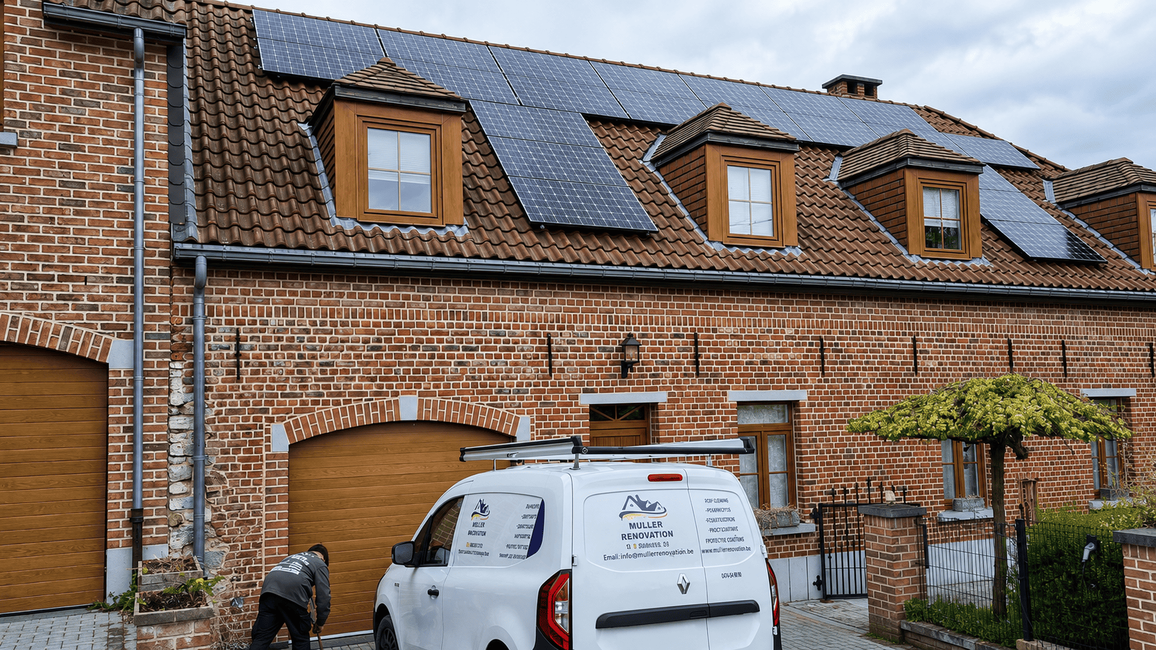 Maison en brique avec toiture rénovée, lucarnes et panneaux solaires